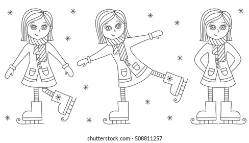 Cute skating girl black and white doodle hand drawn vector illustration