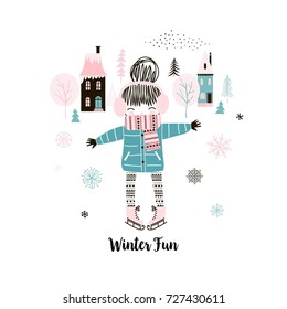 cute skating girl, doodle illustration, kid design