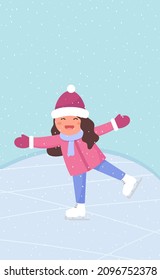 Cute skating girl in park. Children on the winter ice-skating rink. Vector illustration.
