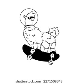 Cute skating llama character, vector hand drawn art