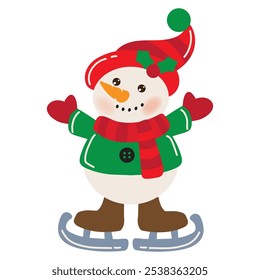 Cute skating snowman  vector cartoon flat style illustration