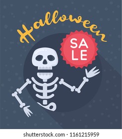 Cute skeleton announcing Halloween sale. Banner template. Vector illustration.