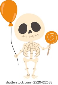 Nettes Skelett mit Ballon und Lollipop Kinder Halloween-Charakter. Cartoon-Stil. Weißer Hintergrund.