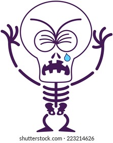 Cute skeleton with big head, bulging eyes and missing teeth while frowning, clenching its eyes, crying and sobbing in a very sad mood