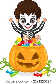 Cute skeleton boy with basket of candies