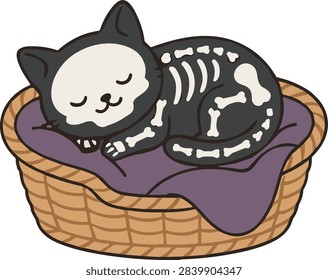 Cute Skeleton Cat Sleeping in a Wicker Basket for Halloween Illustration