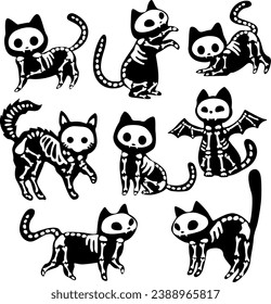 Cute skeleton cats in Halloween style, vector