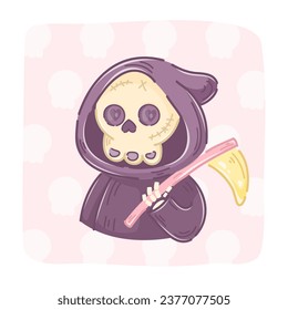 Carácter esqueleto lindo en una capa con una guadaña en la mano, Grim Reaper, de estilo doodle, sobre un fondo rosado con cráneos. Calavera con corazones. Adecuado como postal, pegatina, banner, afiche.