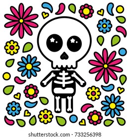 Cute skeleton character day of the dead flowers background