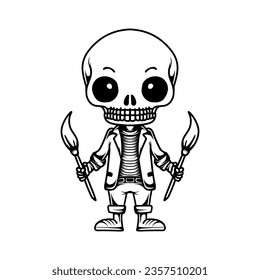 Cute skeleton character hand drawn coloring sketch