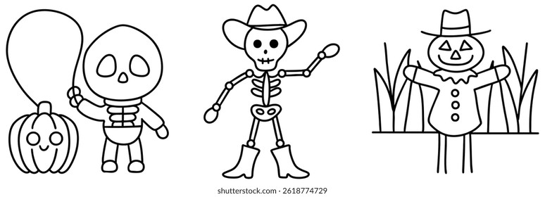 A Cute skeleton characters celebrate western Halloween with pumpkin and scarecrow in festive scene