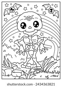 Cute skeleton. Coloring book for children. Coloring book for adults. Halloween.