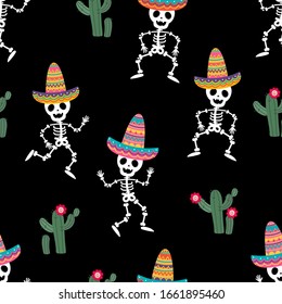 Cute Skelett mit buntem Hut und Kaktus in Cinco de Mayo Party nahtlose Muster. Feiertagskartoon-Charakter. -Vektorillustration