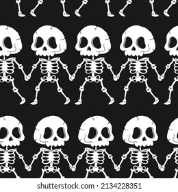 Cute skeleton dance and hold hands seamless pattern. Vector hand drawn doodle cartoon character illustration.Trendy skeleton, bones, skull print for t-shirt, poster seamless pattern wallpaper concept