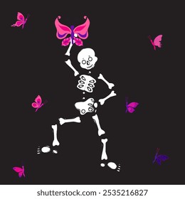 Lindo esqueleto bailando con mariposa rosa. Ilustración vectorial sobre fondo negro.