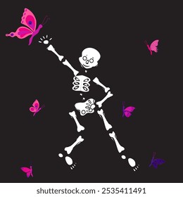 Lindo esqueleto bailando con mariposa rosa. Ilustración vectorial sobre fondo negro.