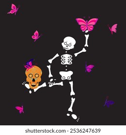 Lindo esqueleto bailando con mariposa rosa. Ilustración vectorial sobre fondo negro.