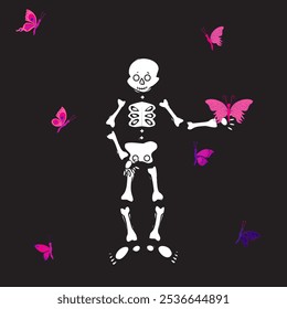 Cute skeleton dancing with pink butterfly. Vector illustration on black background.