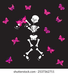 Lindo esqueleto bailando con mariposa rosa. Ilustración vectorial sobre fondo negro.