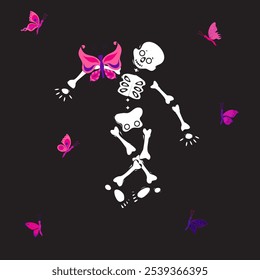 Lindo esqueleto bailando con mariposa rosa. Ilustración vectorial sobre fondo negro.