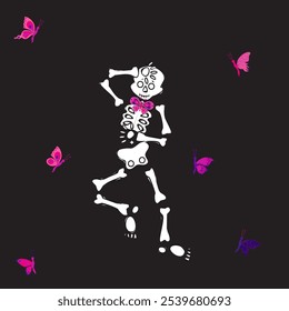 Lindo esqueleto bailando con mariposa rosa. Ilustración vectorial sobre fondo negro.