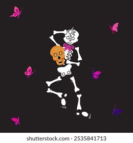 Lindo esqueleto bailando con el cráneo de azúcar y mariposa rosa. Ilustración vectorial sobre fondo negro.