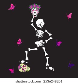 Lindo esqueleto bailando con el cráneo de azúcar y mariposa rosa. Ilustración vectorial sobre fondo negro.