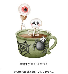 cute skeleton and eyeball in cup of coffee with  little spider illustration horror for Halloween element decoration