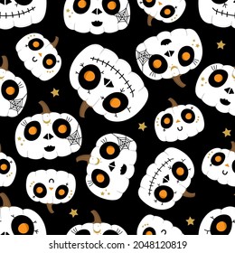 Cute skeleton face paint on pumpkin seamless pattern. Halloween holidays background. -vector