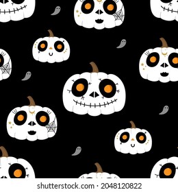 Cute skeleton face paint on pumpkin seamless pattern. Halloween holidays background. -vector