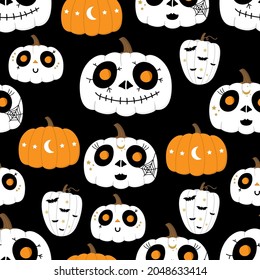 Cute skeleton face paint on pumpkin seamless pattern. Halloween holidays background. -vector