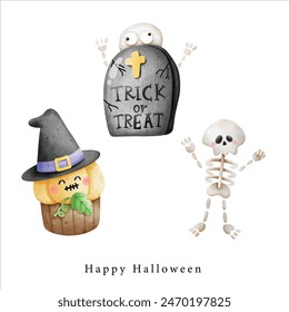 cute skeleton ghost trick or treat sign and wizard pumpkin , illustration Halloween horror element clipart