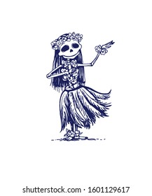 Cute skeleton girl character dancing Hawaii traditional dance. Memento mory
