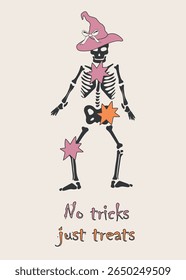 Cute skeleton in Halloween hat flat vector illustration. Perfect for greeting card, interior poster, t-shirt design.
