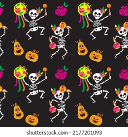 Cute Skeleton. Happy Halloween. Halloween Pumpkin. Day Of The Dead In Mexico. Seamless Pattern. Funny Kids Print.