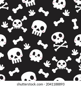 Cute skeleton head and bones seamless pattern. Flat vector cartoon design