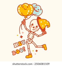 Cute skeleton holding balloons. Cheerful concept of playful and spooky fun Halloween. Hand drawn vector illustration