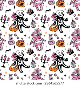 Cute skeleton, mummy,  children's character on Halloween holiday. Seamless pattern. Vector.