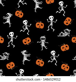 Cute skeleton,  mummy dance and pumpkin seamless pattern. Halloween party background. Holidays cartoon character vector.