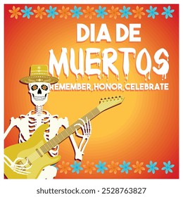 Cute skeleton playing guitar. Day of the dead with flowers. Day of the Dead concept. Flat vector illustration.