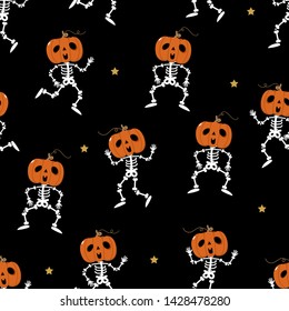 Cute skeleton and pumpkin dances seamless pattern. Halloween party background. Holidays cartoon character vector.