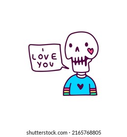 Cute skeleton saying i love you, illustration for t-shirt, sticker, or apparel merchandise. With doodle, retro, and cartoon style.