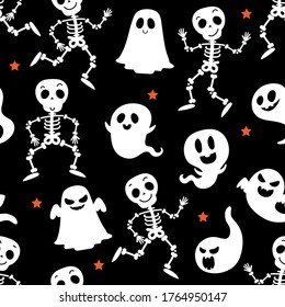 Cute Skeleton And Scary Ghost Seamless Pattern. Halloween Holidays Cartoon Character Background. -Vector