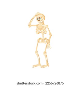 Cute skeleton scratching head vector illustration. Cartoon drawing of funny spooky Halloween character isolated on white background. Halloween, fantasy concept