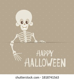 Cute skeleton stands behind the banner and points at the inscription Happy Halloween. Illustration for holiday in flat cartoon style on brown background.
