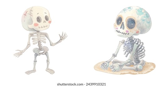 cute skeleton watercolour vector illustration 