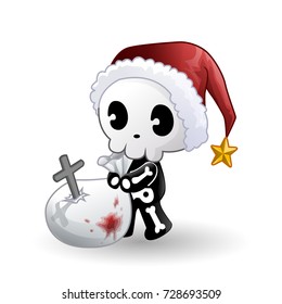 Cute skeleton wear santa hat and santa bag vector