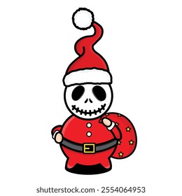 Cute skeleton wearing santa costume with gift bag. Icon of creepy Santa Claus. Christmas elements vector eps.