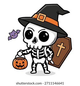 Cute Skeleton Bruja Truco o trato para Halloween