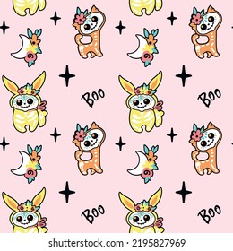 Cute skeletons of animal on pink background. Halloween illustration. Print for little girls. Seamless pattern. Vector.